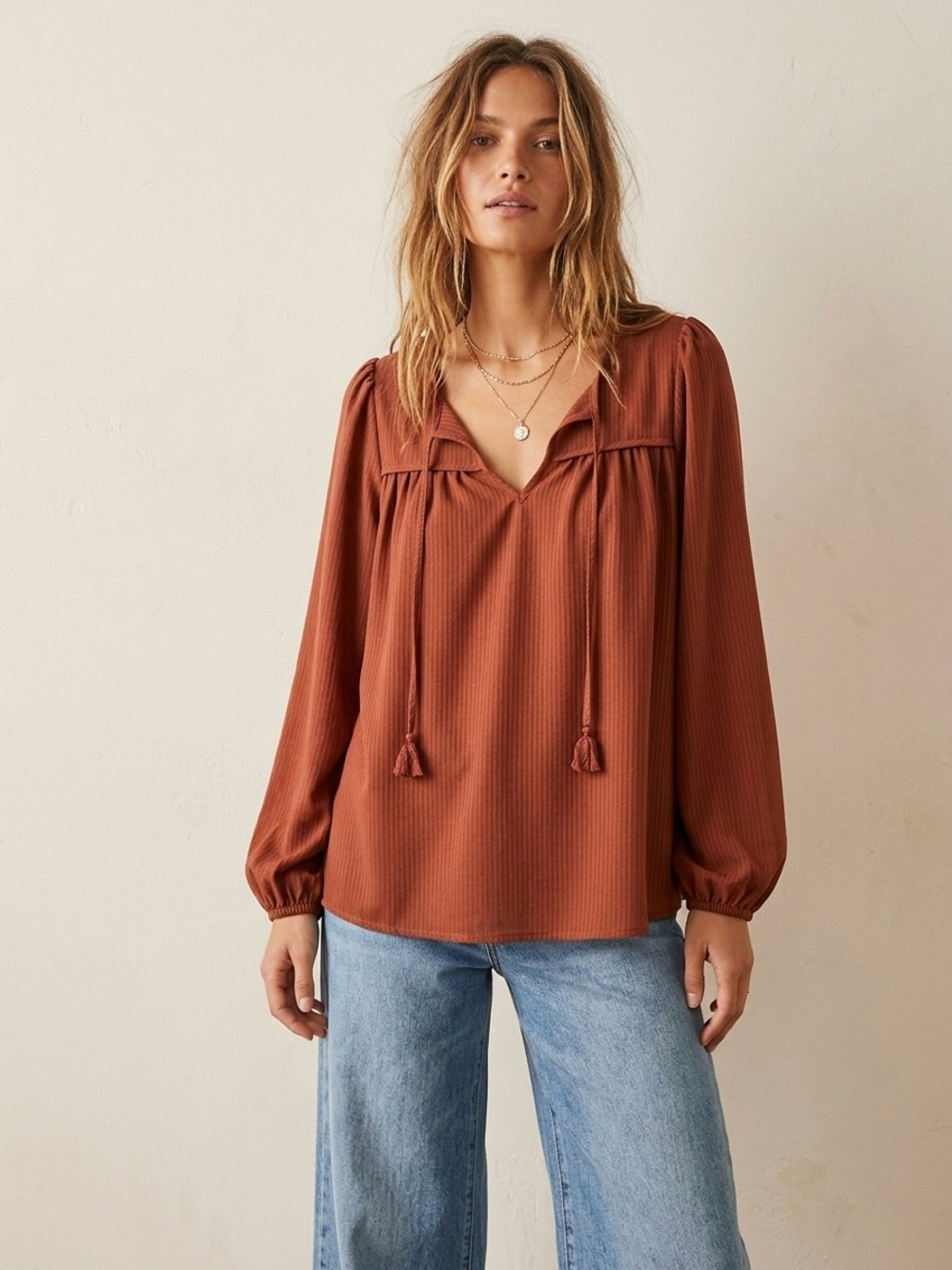 Anthropologie Bishop + Young Terracotta Ribbed Boho Bishop Long Sleeve Blouse S